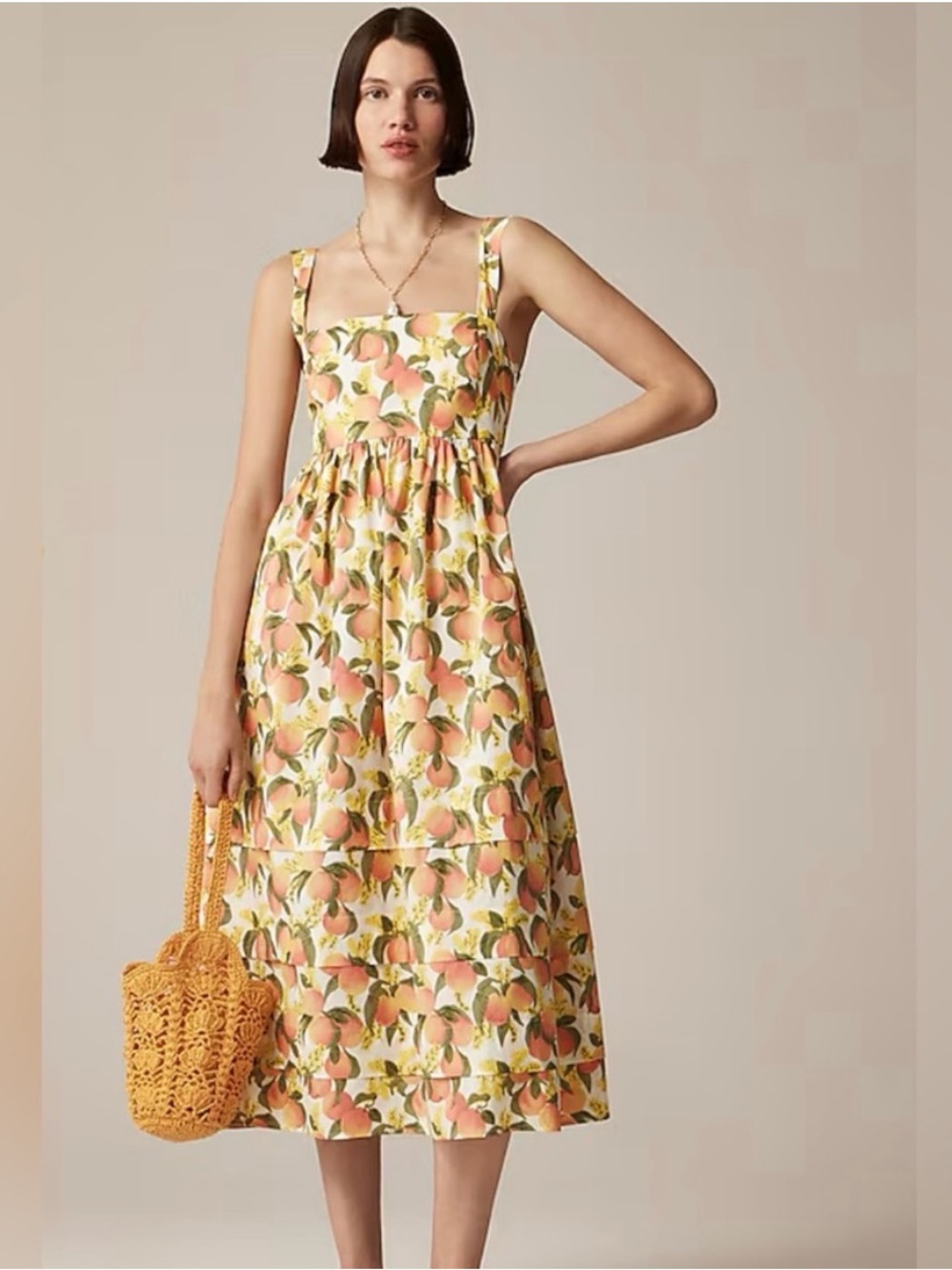 Jcrew squareneck midi dress in cotton poplin peach print
